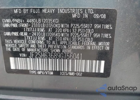 2009 Subaru Forester 2.5X from USA, damaged, VIN JF2SH63689G756041